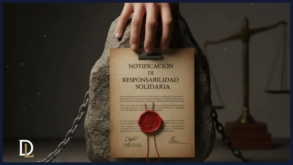 Una mano de traje sujeta con fuerza un documento de "Notificación de Responsabilidad Solidaria" que está aplastado bajo una gran roca. La roca está conectada a cadenas que rompen el suelo, simbolizando el peso inmediato e ineludible de esta responsabilidad. Una balanza de la justicia desenfocada en el fondo refuerza el contexto legal.