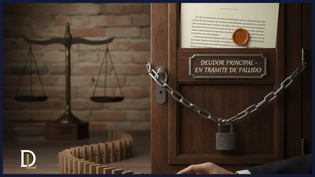 Una puerta de madera cerrada con una cadena y un candado, que tiene un cartel de "DEUDOR PRINCIPAL - EN TRÁMITE DE FALLIDO". Un documento de "Notificación de Responsabilidad Subsidiaria" cuelga de la puerta. Una mano de traje empuja una ficha de dominó, iniciando una larga fila de fichas, simbolizando el proceso secuencial y diferido de esta responsabilidad. Una balanza de la justicia en el fondo refuerza el contexto legal.
