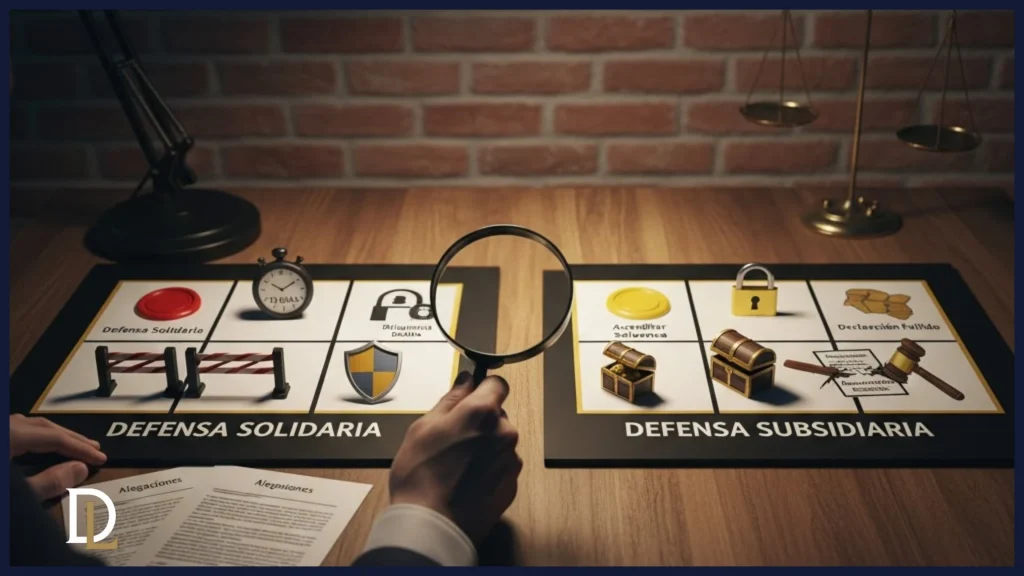 Un abogado examina con lupa dos tableros de juego sobre un escritorio, uno titulado "DEFENSA SOLIDARIA" con símbolos de barreras, sellos y un escudo, y otro "DEFENSA SUBSIDIARIA" con cofres, un candado y un mazo, simbolizando las diferentes estrategias de defensa legal. Un flexo ilumina la escena y una balanza de la justicia se ve al fondo.