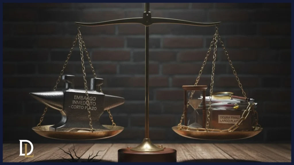 Una balanza de la justicia con dos platillos equilibrados. En el platillo izquierdo, un yunque pesado con la inscripción "EMBARGO INMEDIATO CORTO PLAZO". En el platillo derecho, una pila de documentos y un reloj de arena dentro de un cofre encadenado con la inscripción "DEUDA FINAL LARGO PLAZO". Esto simboliza que ambas responsabilidades son igualmente graves a largo plazo, aunque una es inmediata y la otra se prolonga.