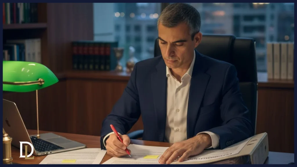 Abogado experto en derecho tributario analizando un expediente administrativo de derivación de responsabilidad y preparando la estrategia de defensa.