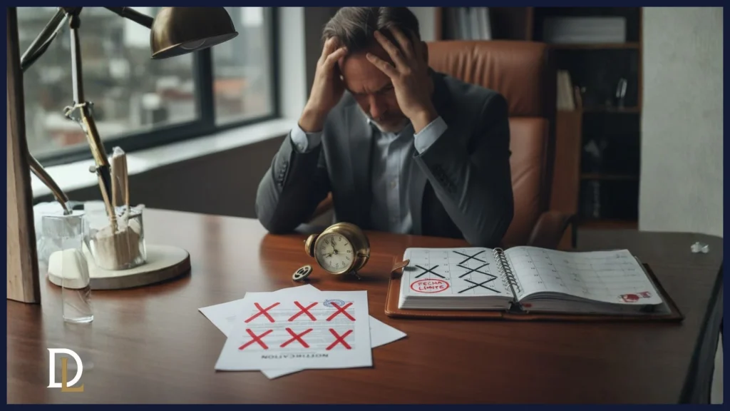 Empresario frustrado con un documento marcado con errores y un calendario con plazos vencidos, simbolizando los errores críticos en una derivación de responsabilidad.