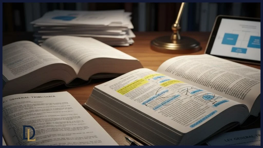 Un primer plano de códigos legales abiertos y un bolígrafo en una mesa de madera oscura, con un enfoque en secciones resaltadas y notas manuscritas, simbolizando la intrincada interpretación de las leyes fiscales y los supuestos de derivación de responsabilidad.