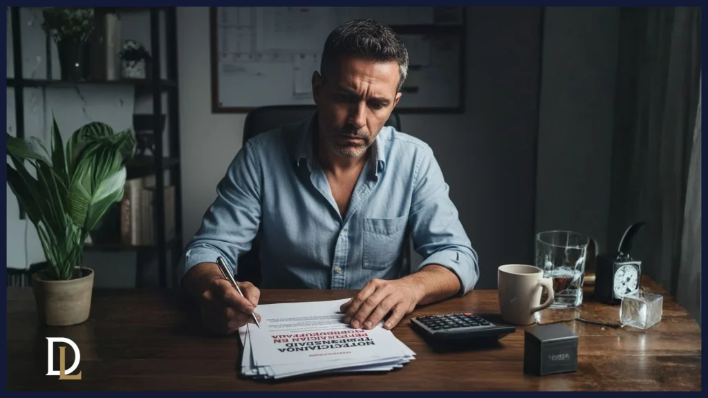 Un empresario de mediana edad, sentado en su oficina, examinando con preocupación unos documentos oficiales que contienen una notificación, con un bolígrafo y una calculadora a un lado, representando el momento crítico de inicio del procedimiento de derivación de responsabilidad tributaria.