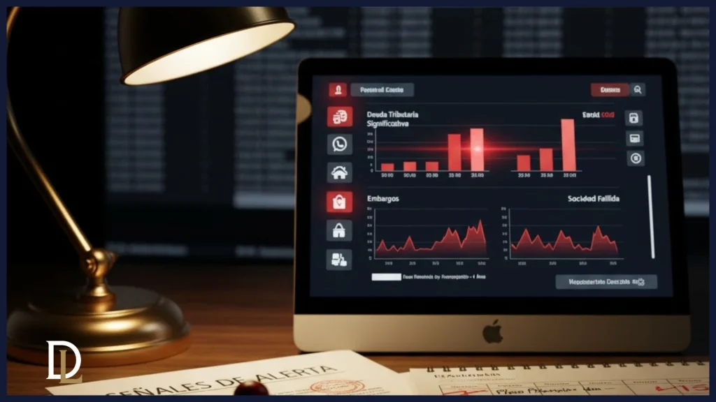 Un primer plano de un tablero de indicadores financieros con luces de advertencia y gráficos en rojo, junto a documentos legales y un calendario con fechas resaltadas, simbolizando los riesgos y plazos críticos en la gestión fiscal que pueden llevar a una derivación de responsabilidad.