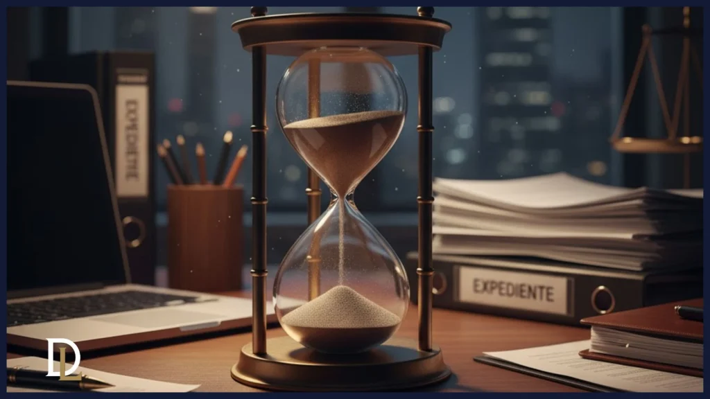 Imagen conceptual de un reloj de arena en un escritorio de abogado, simbolizando los plazos críticos e improrrogables en un procedimiento de derivación.