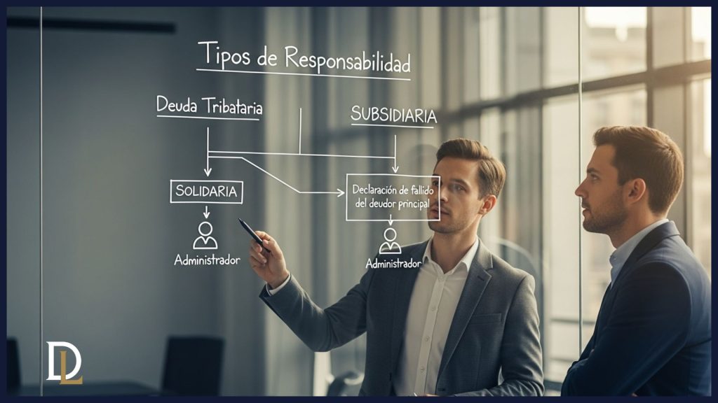 Un esquema en un panel de cristal explicando las diferencias entre la responsabilidad solidaria y la subsidiaria, siendo analizado por dos profesionales en un entorno de oficina.