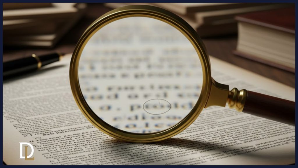 Abogado usando una lupa para revisar un expediente administrativo de Hacienda, buscando errores procedimentales en una derivación.