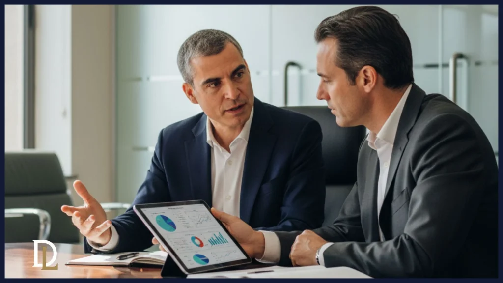 Enric, con un cliente en una sala de juntas analizando gráficos en una tableta, discutiendo seriamente sobre la prevención de la responsabilidad tributaria en un entorno profesional y con luz natural.