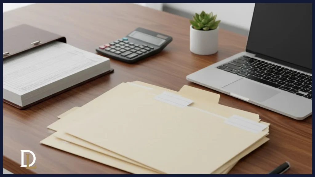 Escritorio de administrador con contabilidad y documentos perfectamente organizados, representando la diligencia y las medidas preventivas.