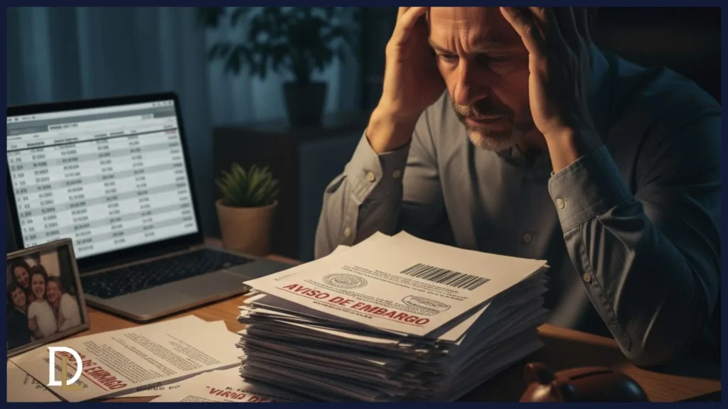Un hombre preocupado se sujeta la cabeza frente a una pila de documentos de "AVISO DE EMBARGO" y "DEUDA PENDIENTE" sobre un escritorio oscuro, con un portátil y una hucha rota con monedas desparramadas a un lado, simbolizando la angustia y las graves consecuencias financieras de no gestionar a tiempo las derivaciones tributarias, destacando el valor de la asesoría de Derivum Legal.