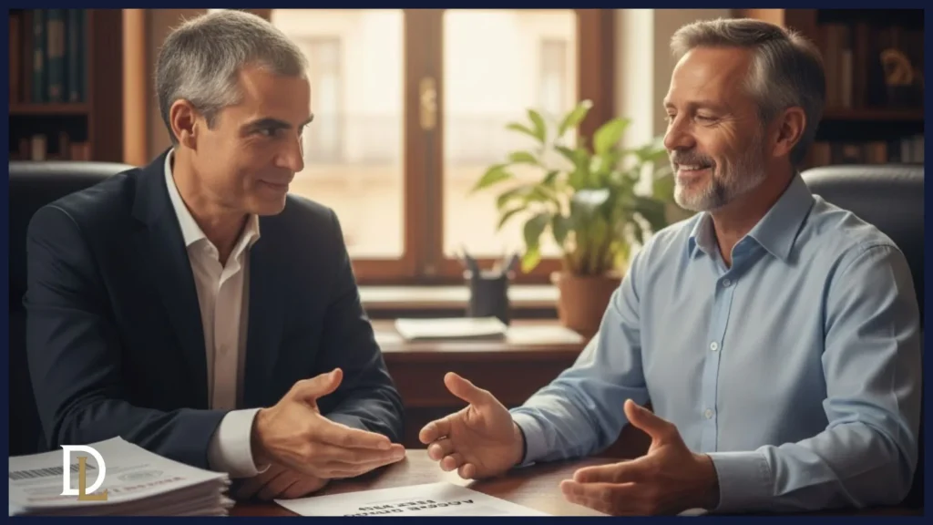 Enric Hernández, propietario de Derivum Legal, vestido con traje, explicando con gesto abierto y tranquilizador a un cliente sonriente y aliviado en una oficina elegante con estanterías, con documentos firmados sobre la mesa, simbolizando la confianza y la solución experta en la gestión de problemas tributarios ofrecida por Derivum Legal.