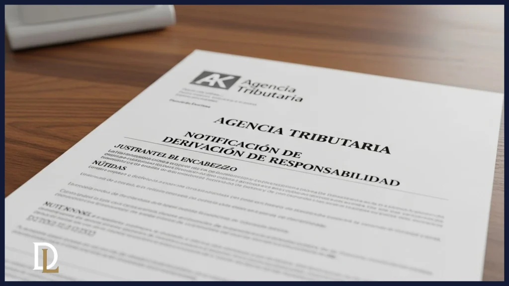 Fotografía de primer plano de una notificación oficial de la Agencia Tributaria sobre derivación de responsabilidad, dispuesta en un escritorio de oficina iluminado por luz natural.
