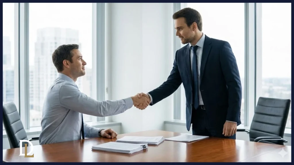 Abogado de Derivum Legal estrechando la mano a un cliente satisfecho en una oficina moderna tras resolver con éxito un caso de derivación de responsabilidad.