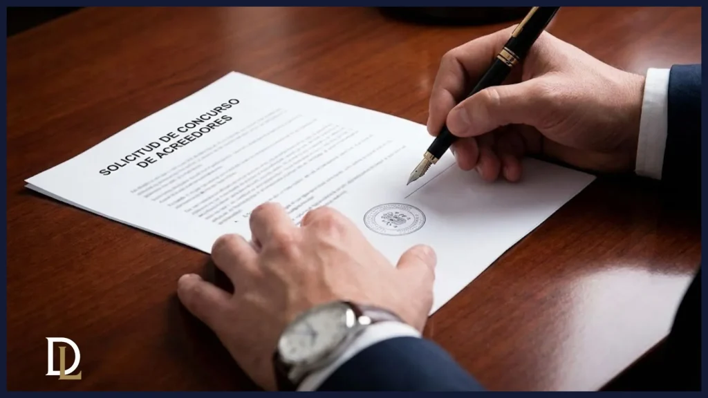 Primer plano de una mano firmando un documento legal con el título "SOLICITUD DE CONCURSO DE ACREEDORES", representando una de las responsabilidades del administrador en caso de insolvencia.