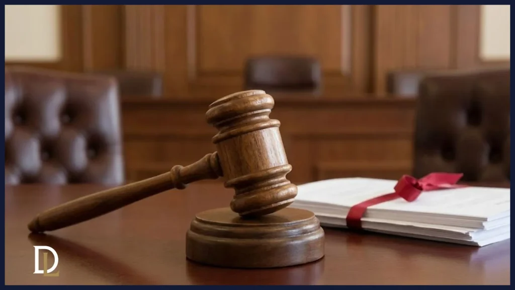 Mazo de juez y legajo de documentos legales con cinta roja sobre una mesa de tribunal, simbolizando las consecuencias legales y la resolución final de un proceso de responsabilidad.