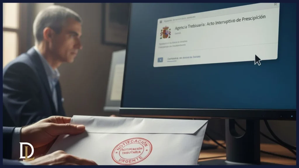 Un hombre de negocios, sostiene un sobre blanco con el sello rojo "NOTIFICACIÓN TRIBUTARIA - URGENTE" mientras mira la pantalla de su ordenador, que muestra una notificación de la "Agencia Tributaria: Acto Interruptivo de Prescripción", simbolizando la recepción de documentos importantes y la gestión experta en Derivum Legal.