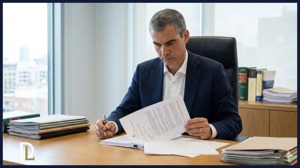 El abogado especialista Enric Hernández en su despacho, revisando minuciosamente documentación legal para la defensa de administradores frente a la derivación de responsabilidad de Hacienda.