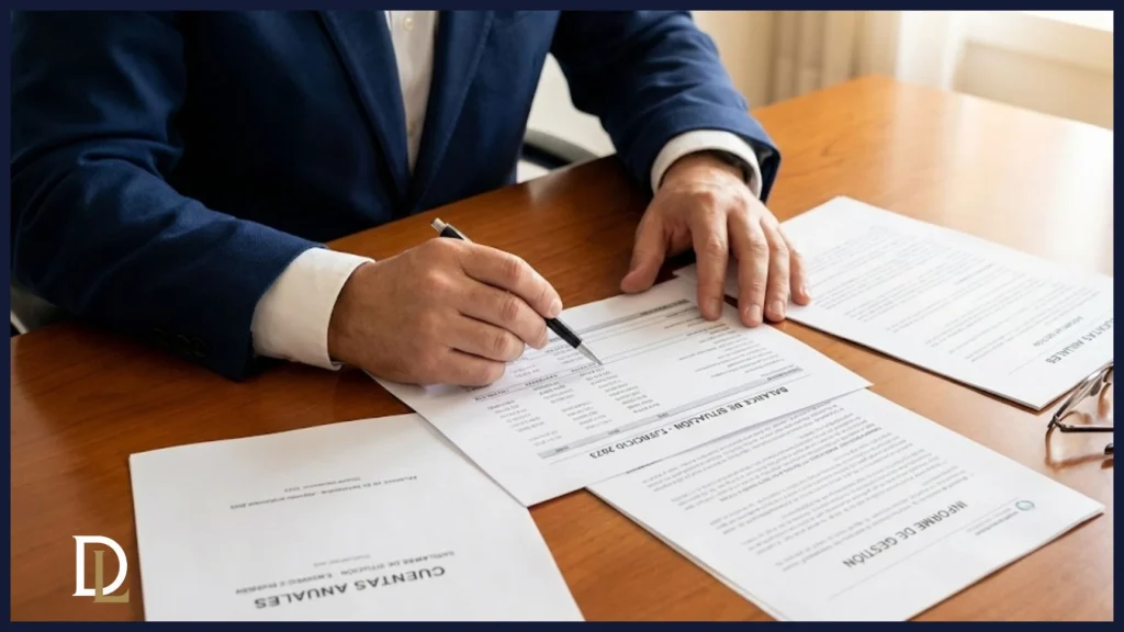 Detalle de manos de un administrador revisando documentos financieros y cuentas anuales para evitar derivación de responsabilidad.