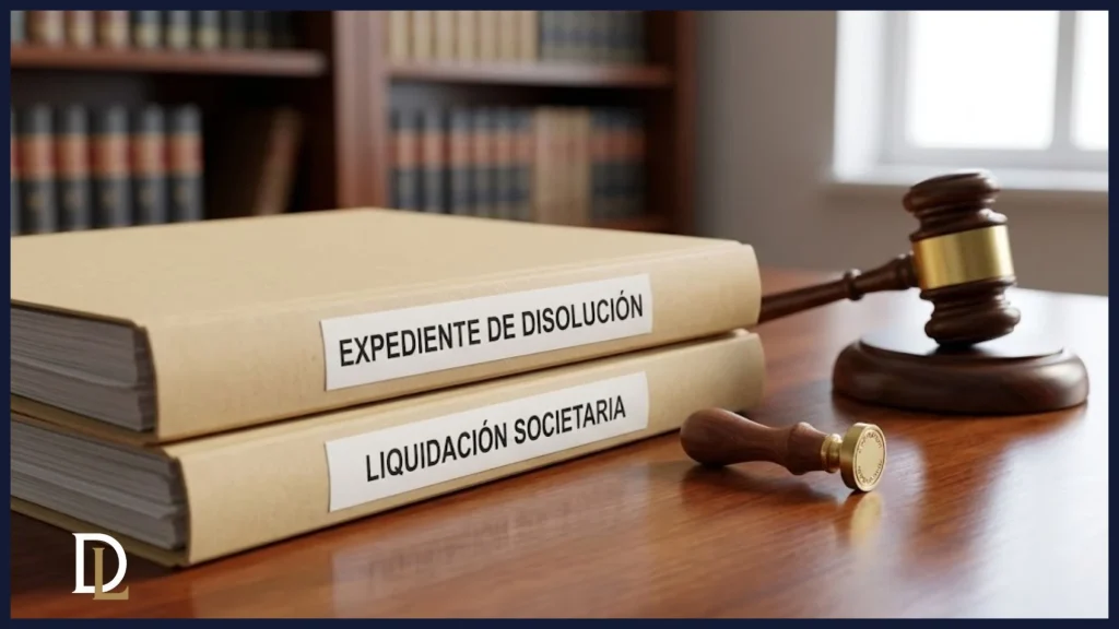 Primer plano de expedientes legales etiquetados como "Expediente de Disolución" y "Liquidación Societaria" junto a un mazo de juez y un sello en un despacho de abogados, representando el proceso formal para cerrar una empresa.