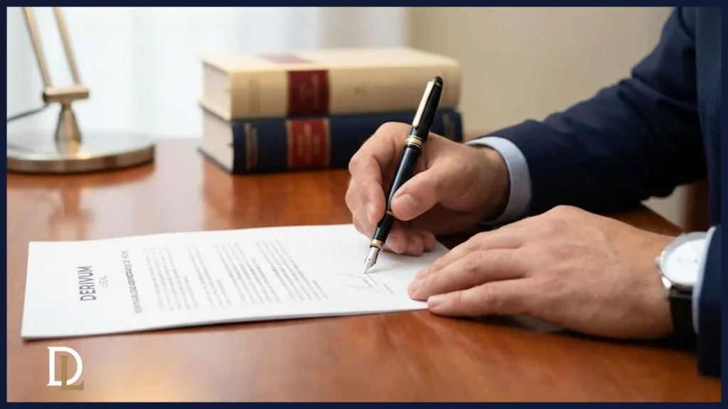 Primer plano de firma de documentos mercantiles que conllevan responsabilidad solidaria por deudas tributarias.