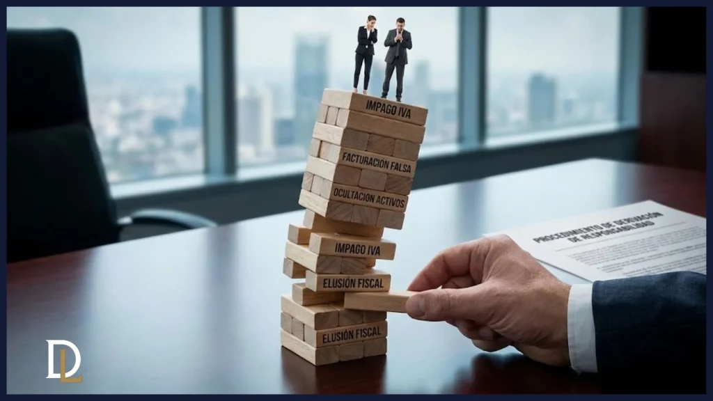 Fotografía conceptual en un despacho que muestra una mano retirando una pieza de una torre de bloques de madera inestable. Los bloques están etiquetados con infracciones tributarias como "IMPAGO IVA", "FACTURACIÓN FALSA" y "ELUSIÓN FISCAL". En la cima de la torre, figuras en miniatura de un CEO y un Consejero Delegado observan con preocupación. Al lado, un documento titulado "PROCEDIMIENTO DE DERIVACIÓN DE RESPONSABILIDAD", ilustrando el alto riesgo de estas situaciones.