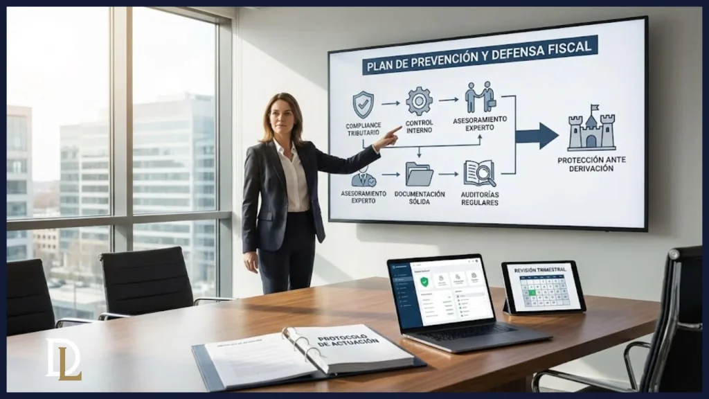 Fotografía de una directiva (CEO o Consejero Delegado) en una sala de juntas moderna, señalando una pantalla que muestra un diagrama de flujo titulado "PLAN DE PREVENCIÓN Y DEFENSA FISCAL". El diagrama detalla medidas como "Compliance Tributario", "Control Interno" y "Auditorías Regulares" para asegurar la "Protección ante Derivación". Sobre la mesa hay un manual de "PROTOCOLO DE ACTUACIÓN" y un portátil con un panel de control, ilustrando una gestión proactiva de riesgos fiscales.