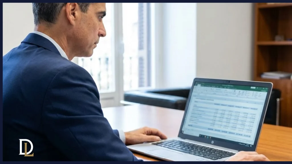 El abogado Enric Hernández en su despacho, analizando datos financieros en un ordenador portátil, en el contexto de un embargo de cuentas bancarias.