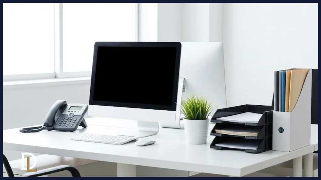 Fotografía de un escritorio de oficina con ordenador, teléfono y material de trabajo, representando los bienes inembargables necesarios para la actividad