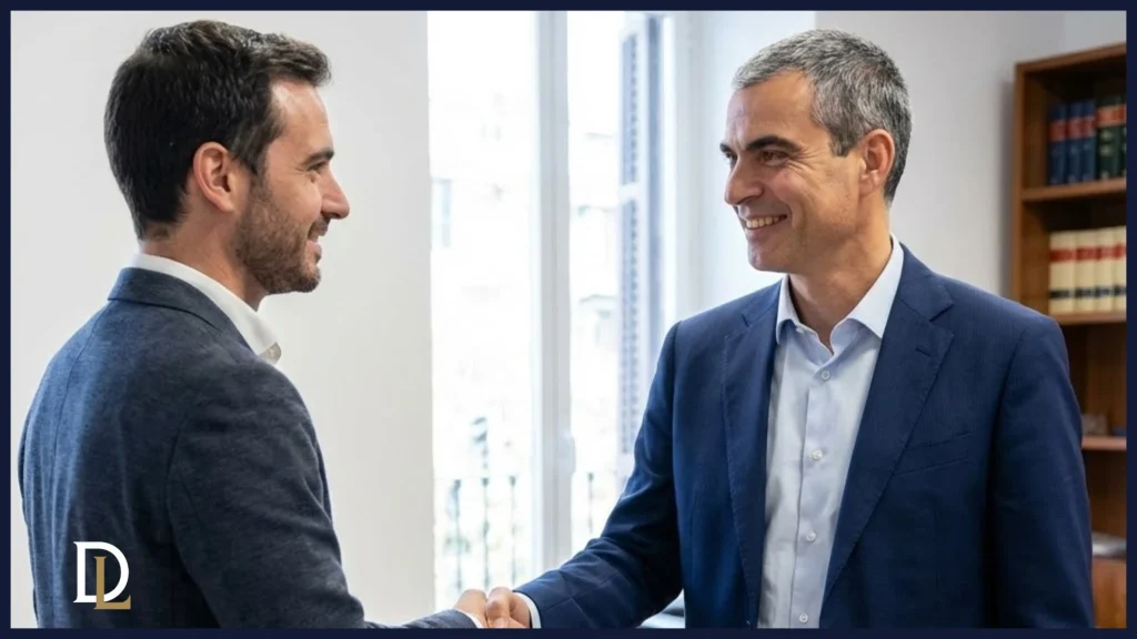 Enric Hernández de Derivum Legal estrechando la mano a un cliente satisfecho en su despacho tras una reunión exitosa, simbolizando la resolución de problemas legales.