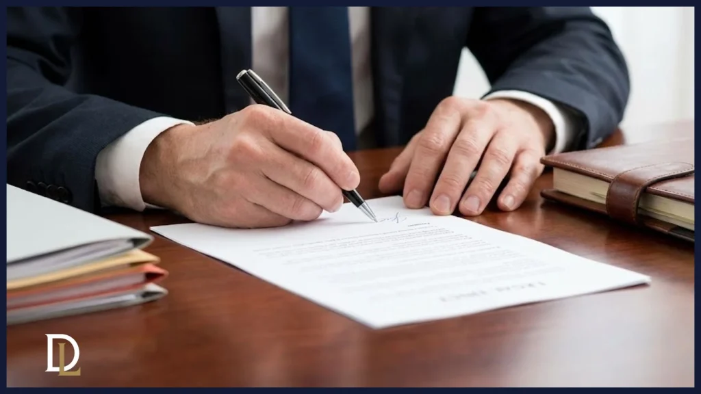 rimer plano de un administrador de empresa firmando un documento legal en un escritorio, simbolizando el registro y la prueba documental de la diligencia debida.