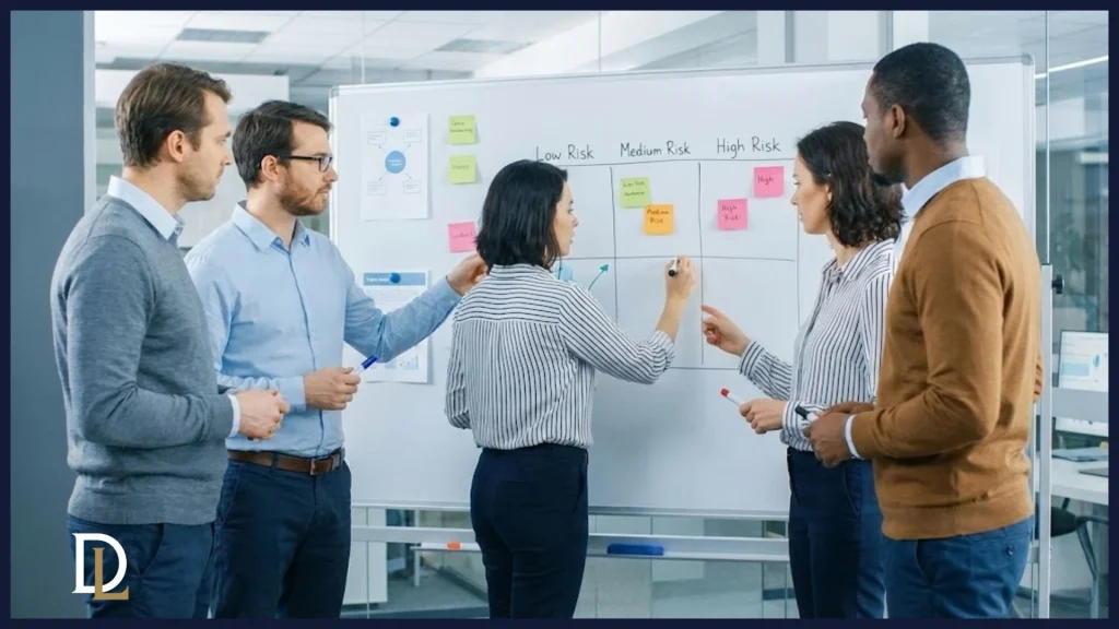 Fotografía de un equipo de profesionales analizando y discutiendo una matriz de riesgos en una pizarra, ilustrando el proceso de identificación y evaluación de riesgos como parte de la diligencia debida.